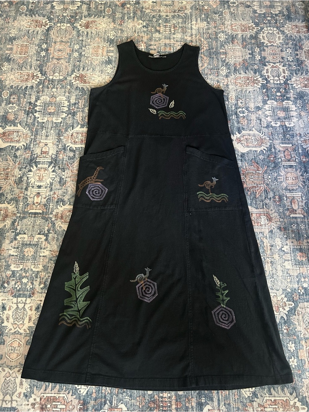 VTG 90s Lagenlook Black Maxi Jumper Dress Tribal Animal